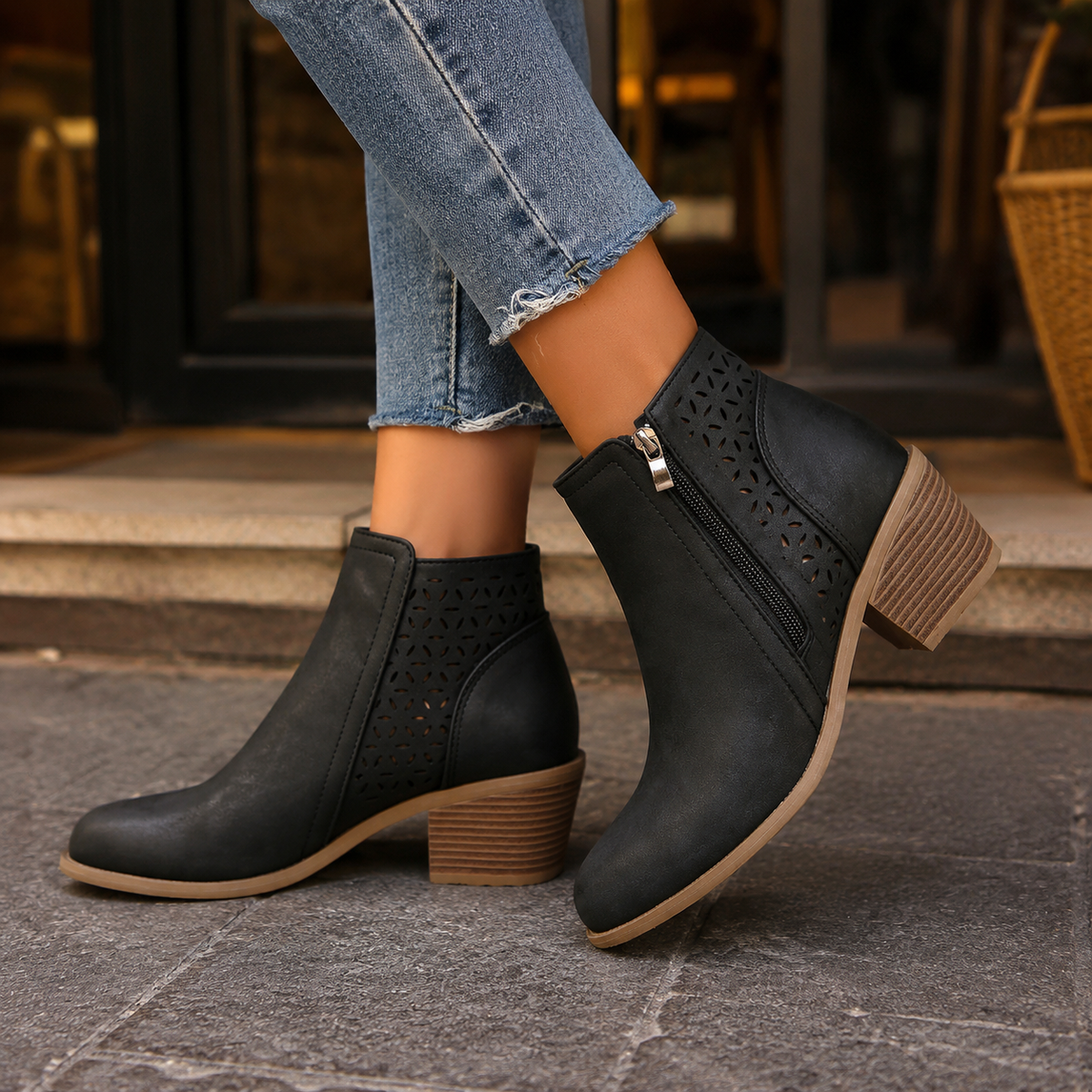 Women's Floral Cutout Side Zip Block Heel Ankle Boots