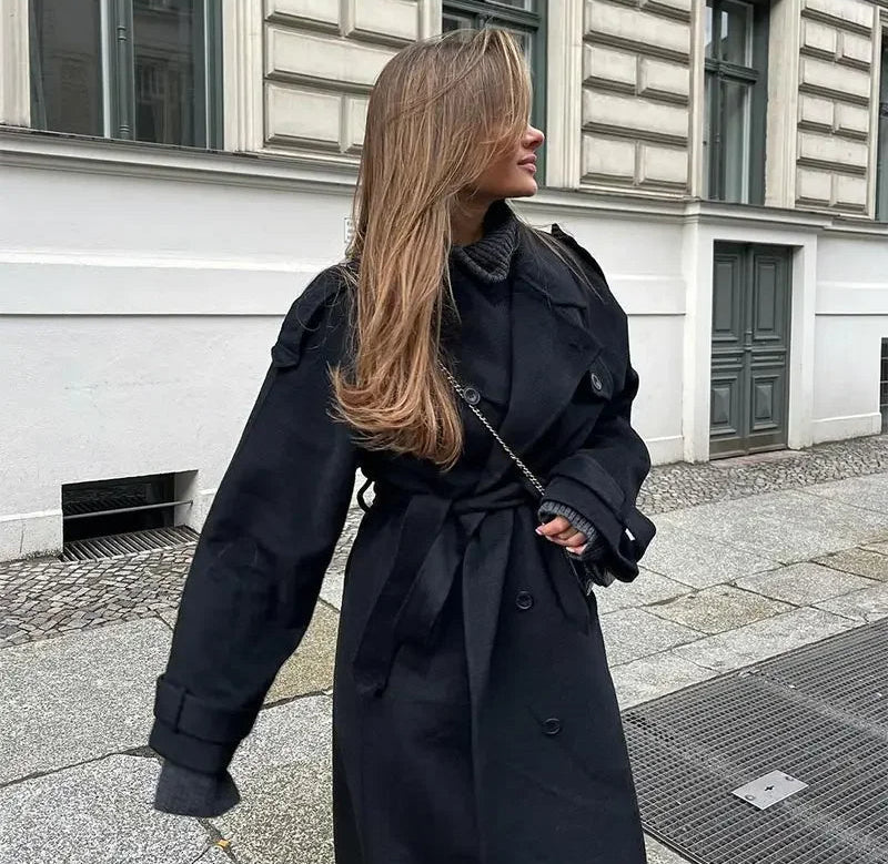 Women's Belted Double-Breasted Wool-Look Trench Coat in Black
