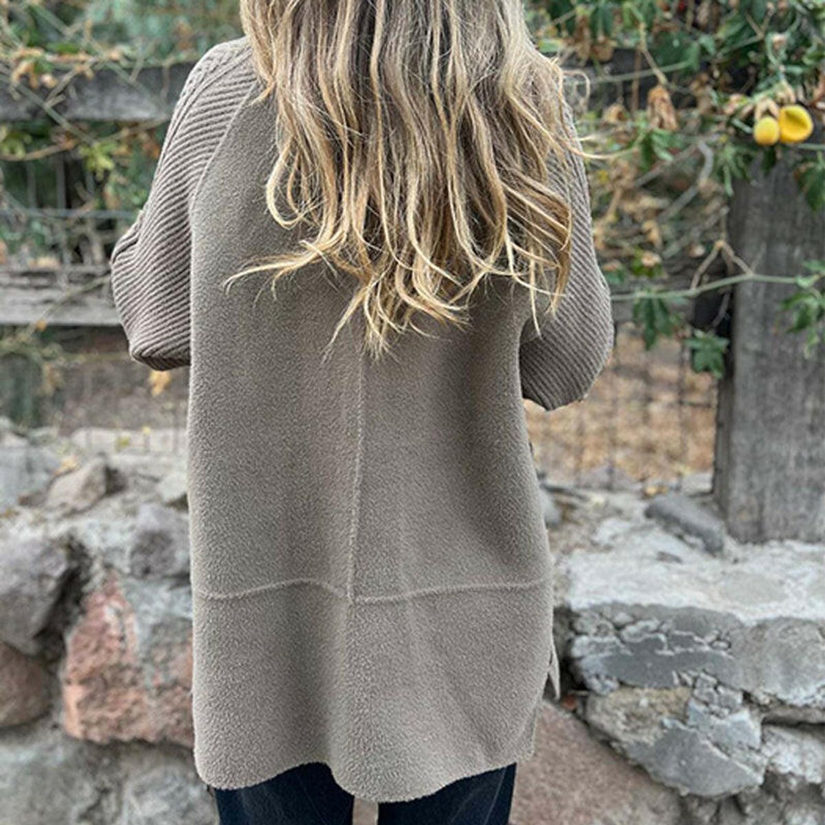 Women's Double-Breasted Coat with Cable Knit Sleeves