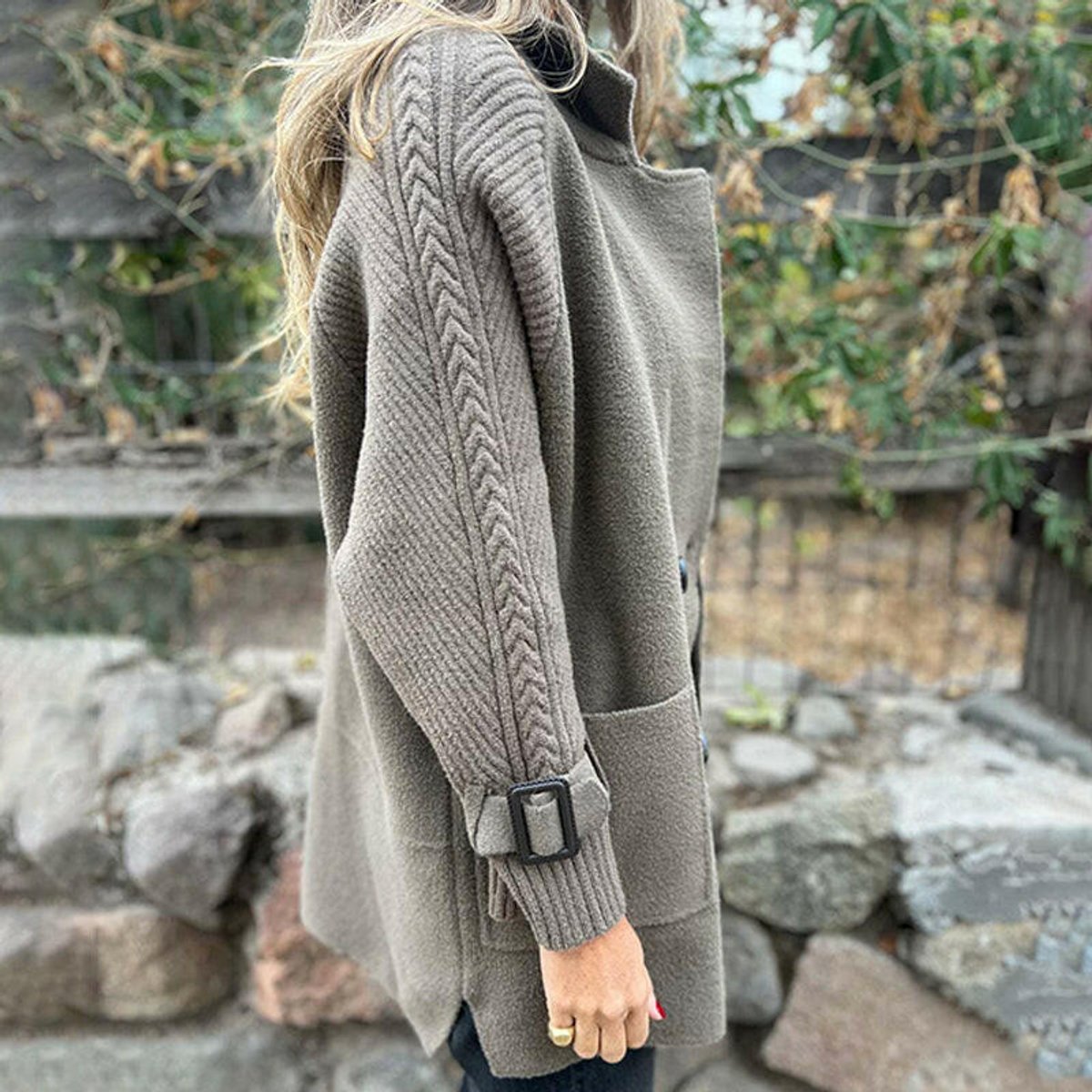 Women's Double-Breasted Coat with Cable Knit Sleeves