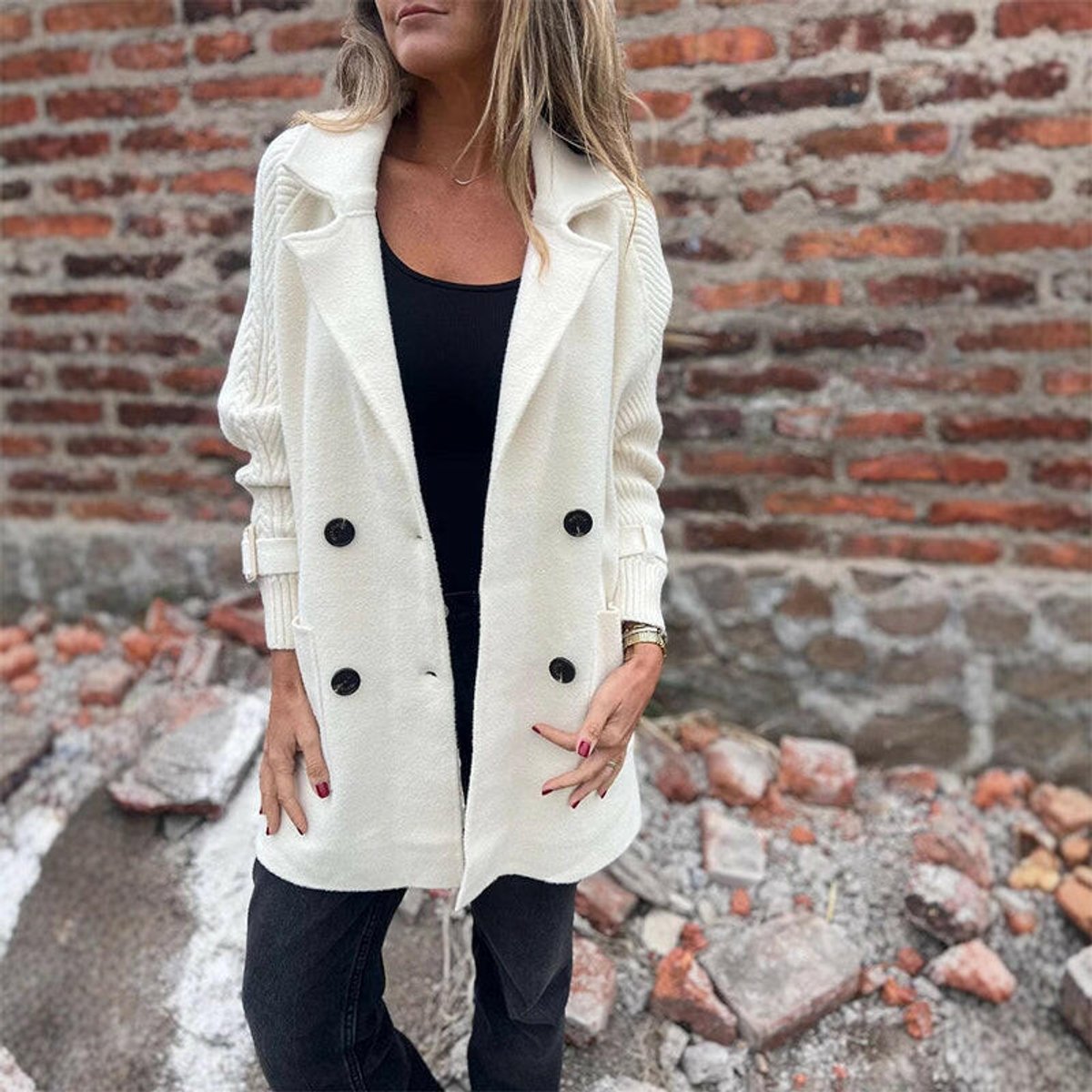 Women's Double-Breasted Coat with Cable Knit Sleeves