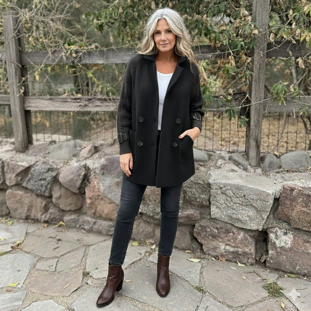 Women's Double-Breasted Coat with Cable Knit Sleeves