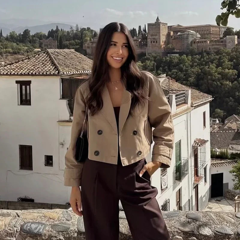 Women's Cropped Double-Breasted Trench Jacket in Beige