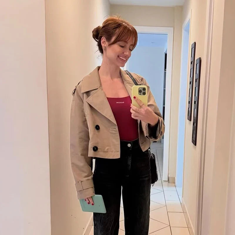 Women's Cropped Double-Breasted Trench Jacket in Beige