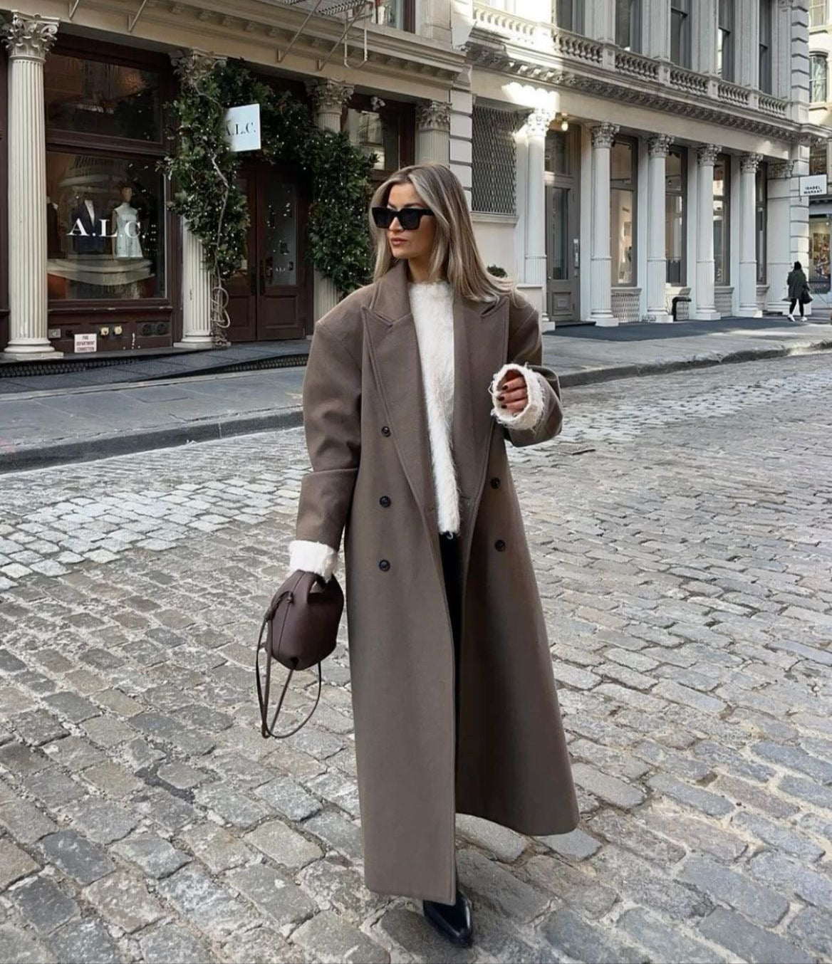 Women's Double-Breasted Wool-Look Maxi Coat with Notch Lapel