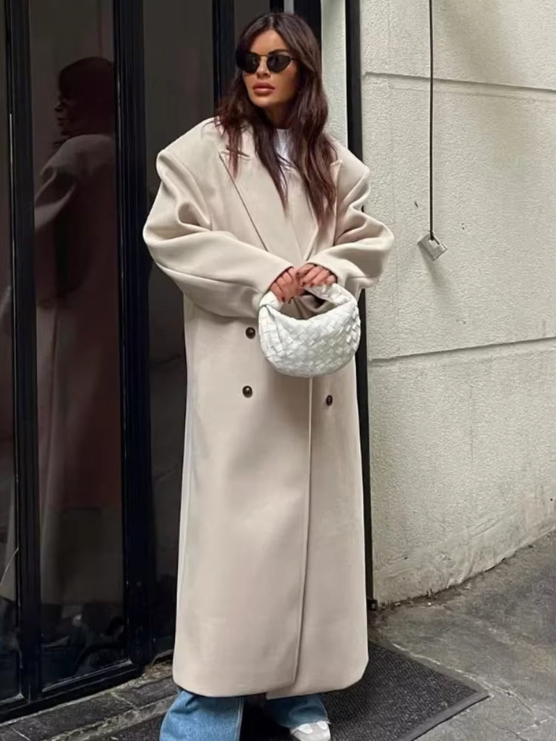 Women's Double-Breasted Wool-Look Maxi Coat with Notch Lapel