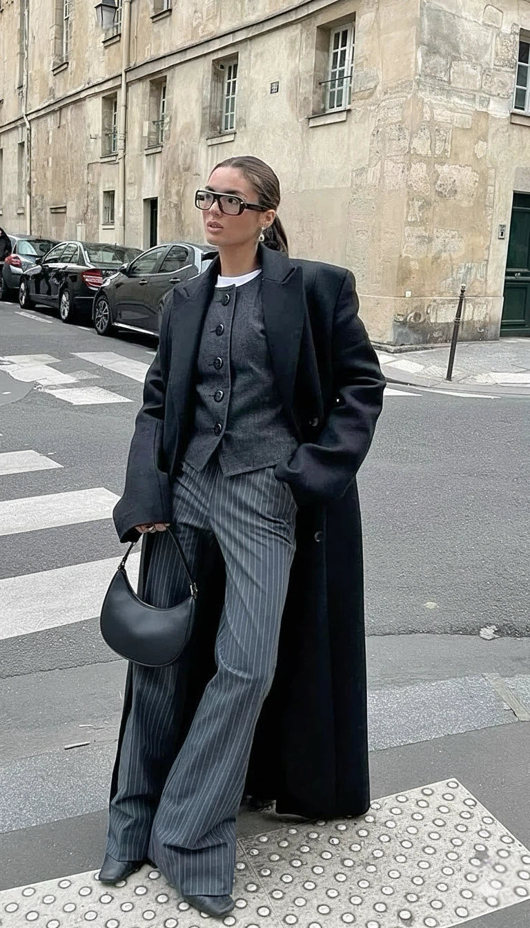Women's Double-Breasted Wool-Look Maxi Coat with Notch Lapel