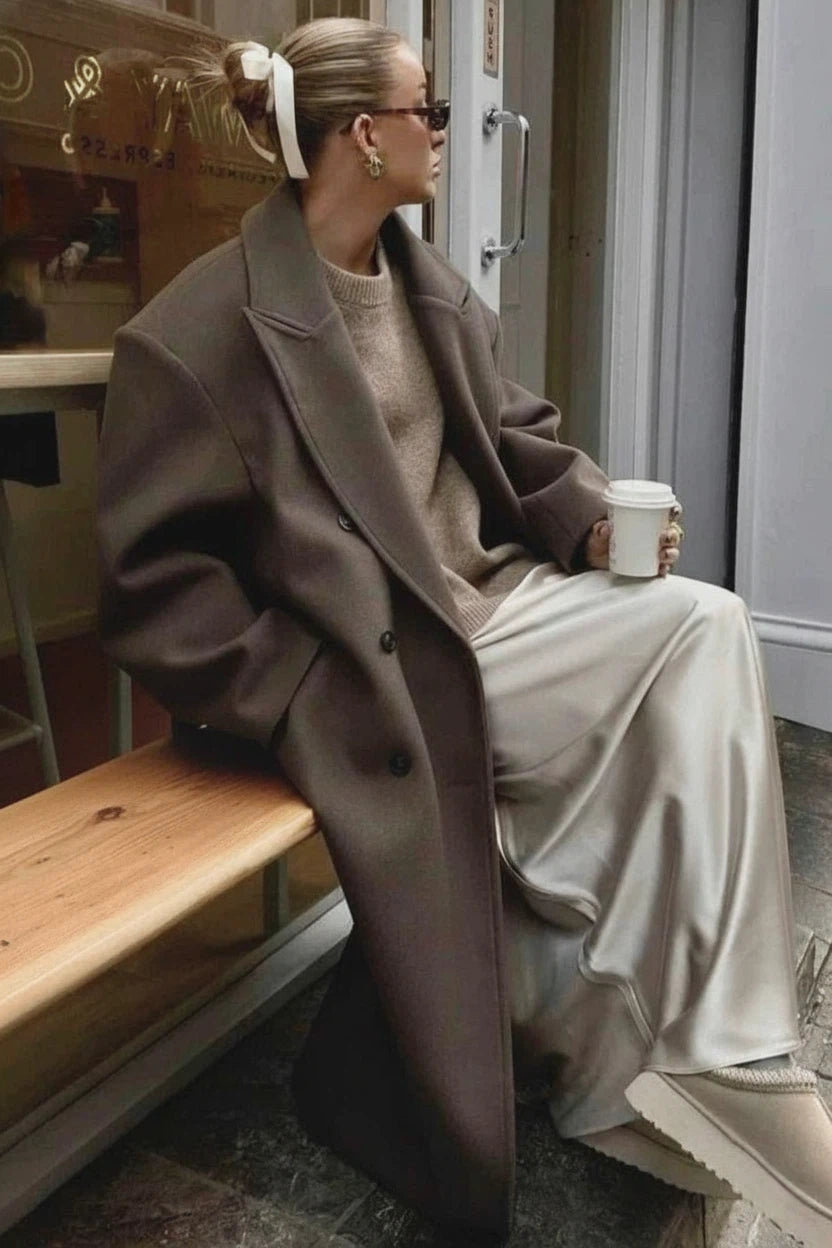 Women's Double-Breasted Wool-Look Maxi Coat with Notch Lapel