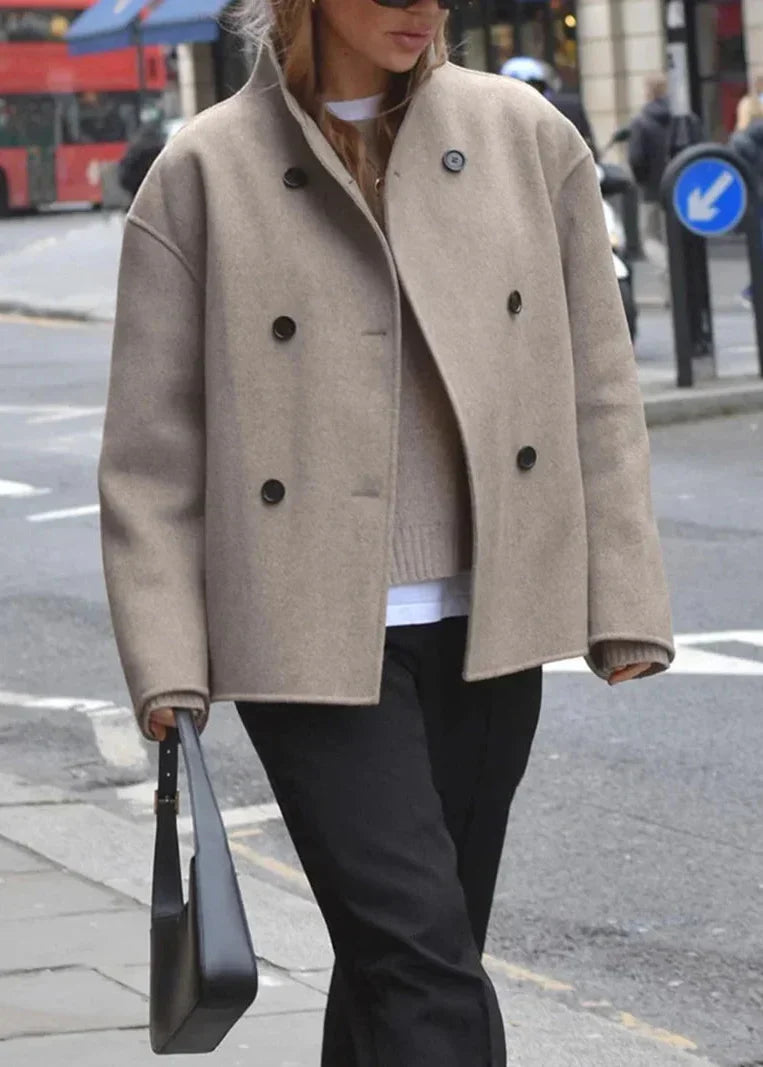 Women's Double-Breasted Wool-Look Cropped Jacket in Beige