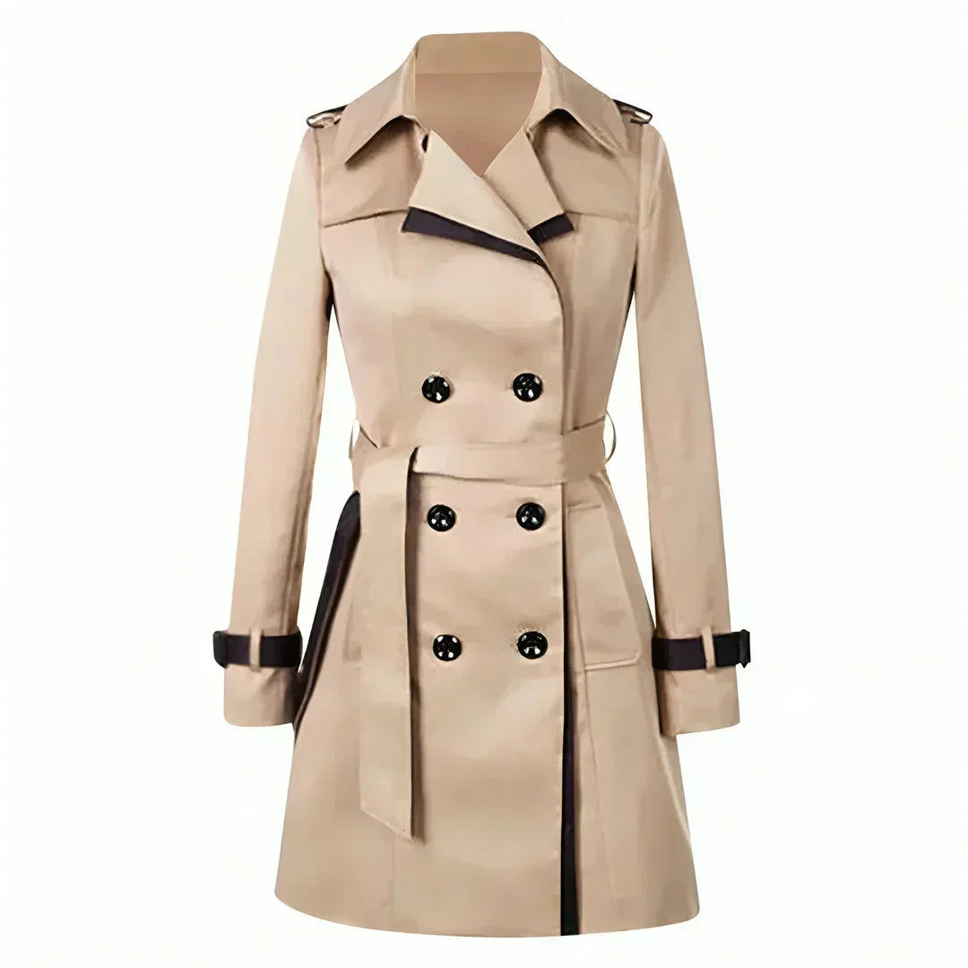 Women's Double-Breasted Belted Trench Coat with Contrast Trim