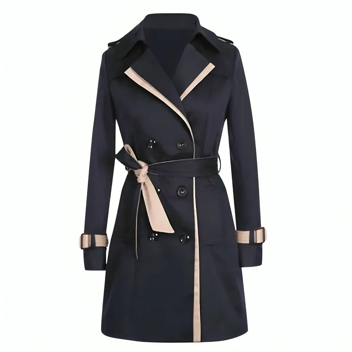 Women's Double-Breasted Belted Trench Coat with Contrast Trim