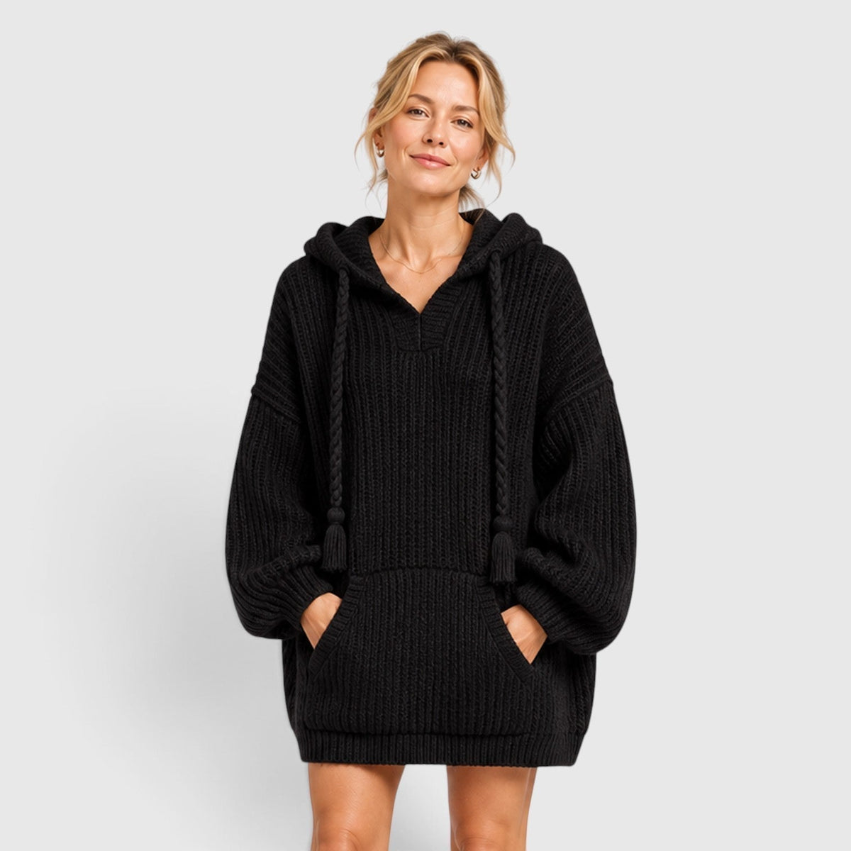 Women's Chunky Knit Oversized Hoodie in Black