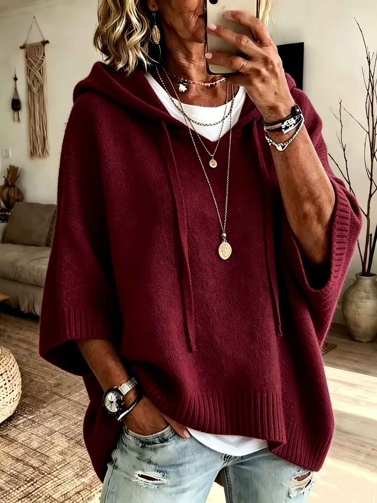 Women's Oversized Knit Drawstring Hoodie