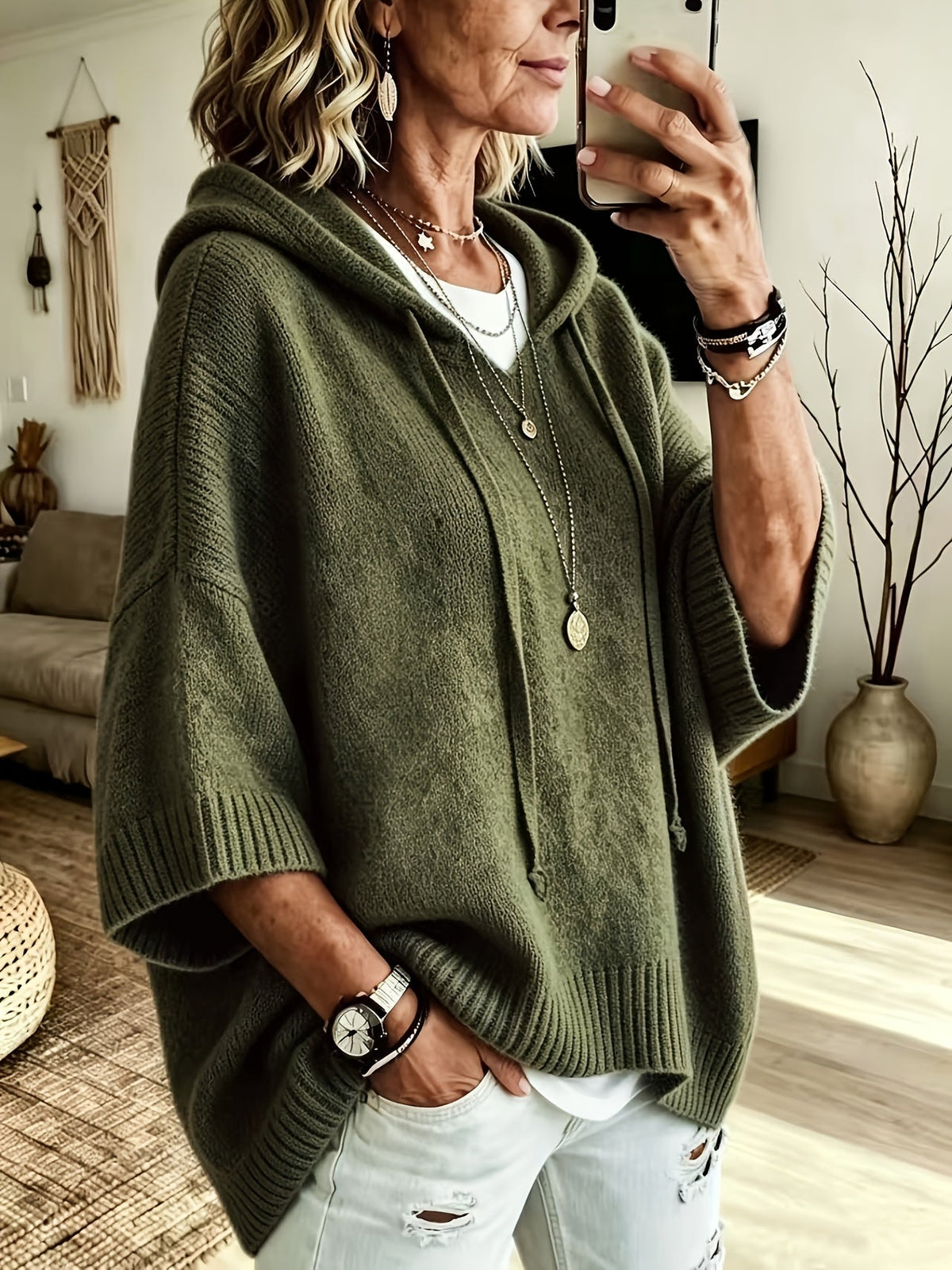 Women's Oversized Knit Drawstring Hoodie