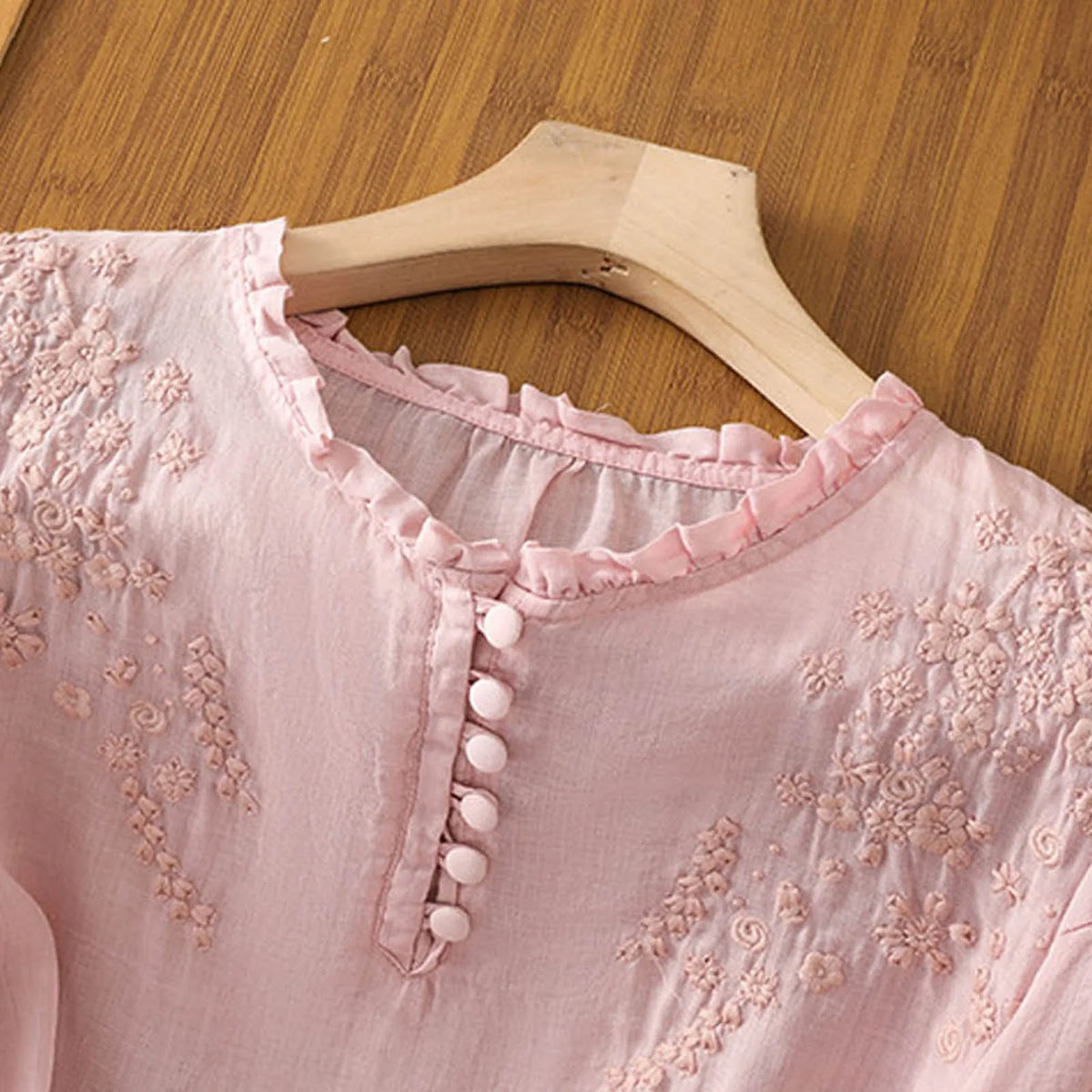 Women's Embroidered Frill Neck Button Blouse