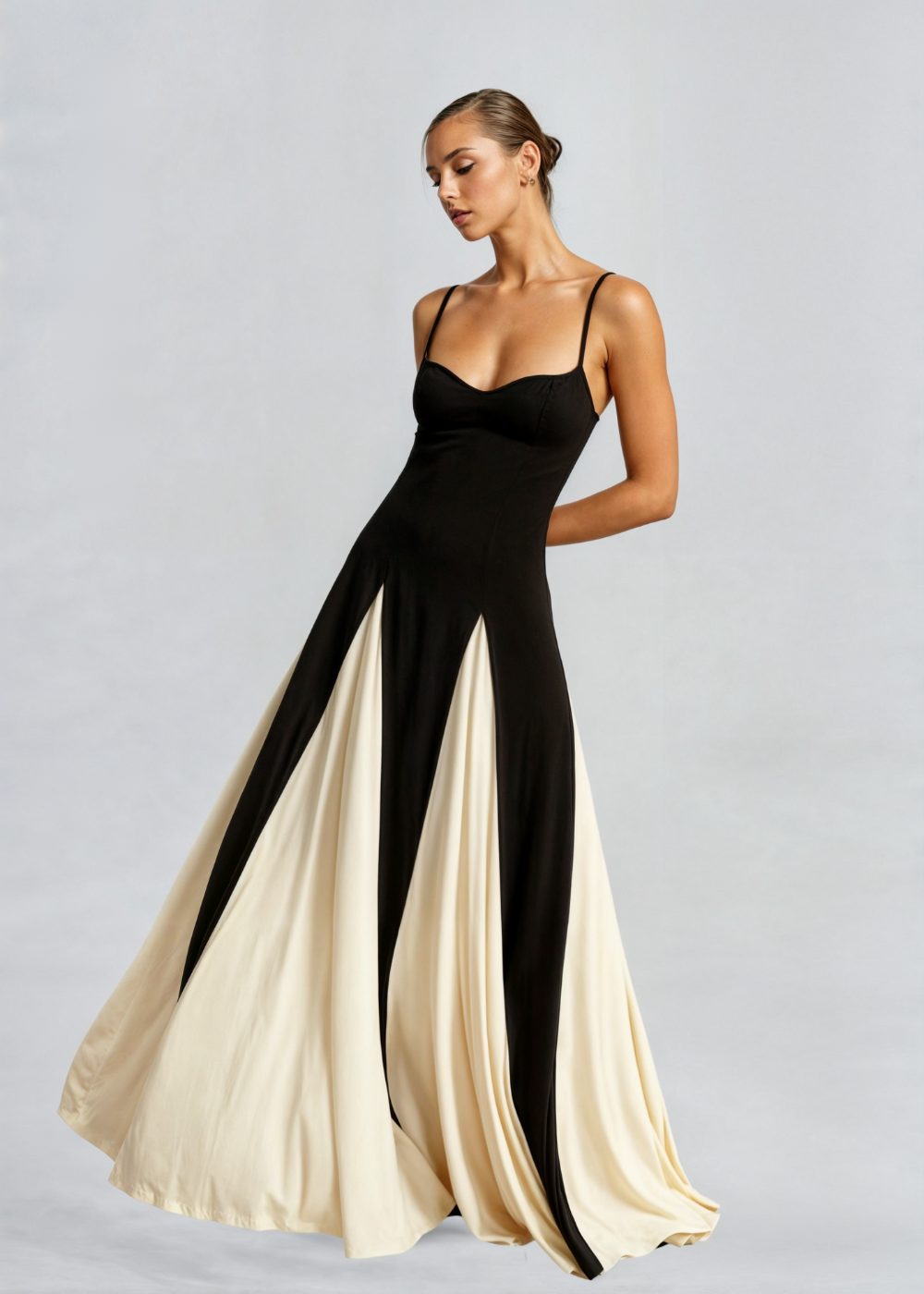 Women's Black & White Panelled Maxi Evening Dress