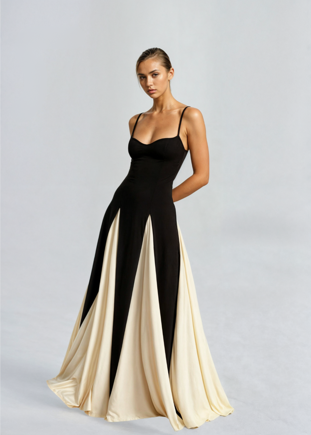 Women's Black & White Panelled Maxi Evening Dress