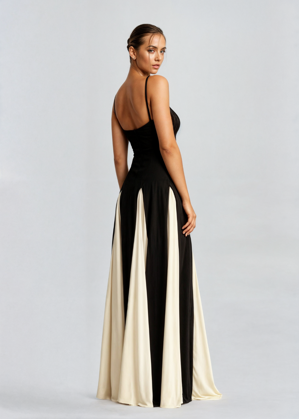 Women's Black & White Panelled Maxi Evening Dress