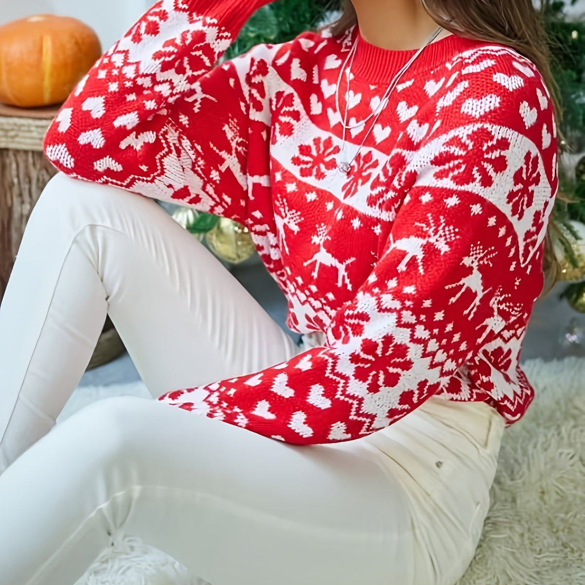 Women's Christmas Jumper Fair Isle Reindeer Snowflake in Red