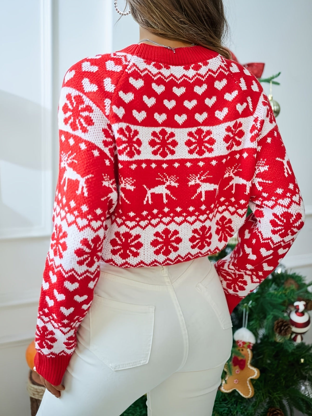 Women's Christmas Jumper Fair Isle Reindeer Snowflake in Red