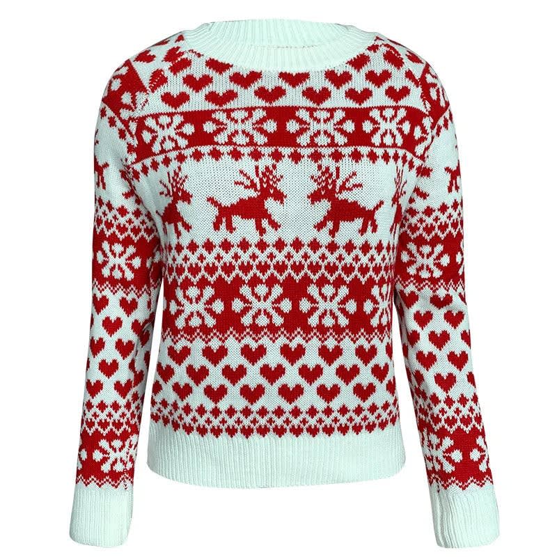 Women's Christmas Jumper Fair Isle Reindeer Heart Crew Neck