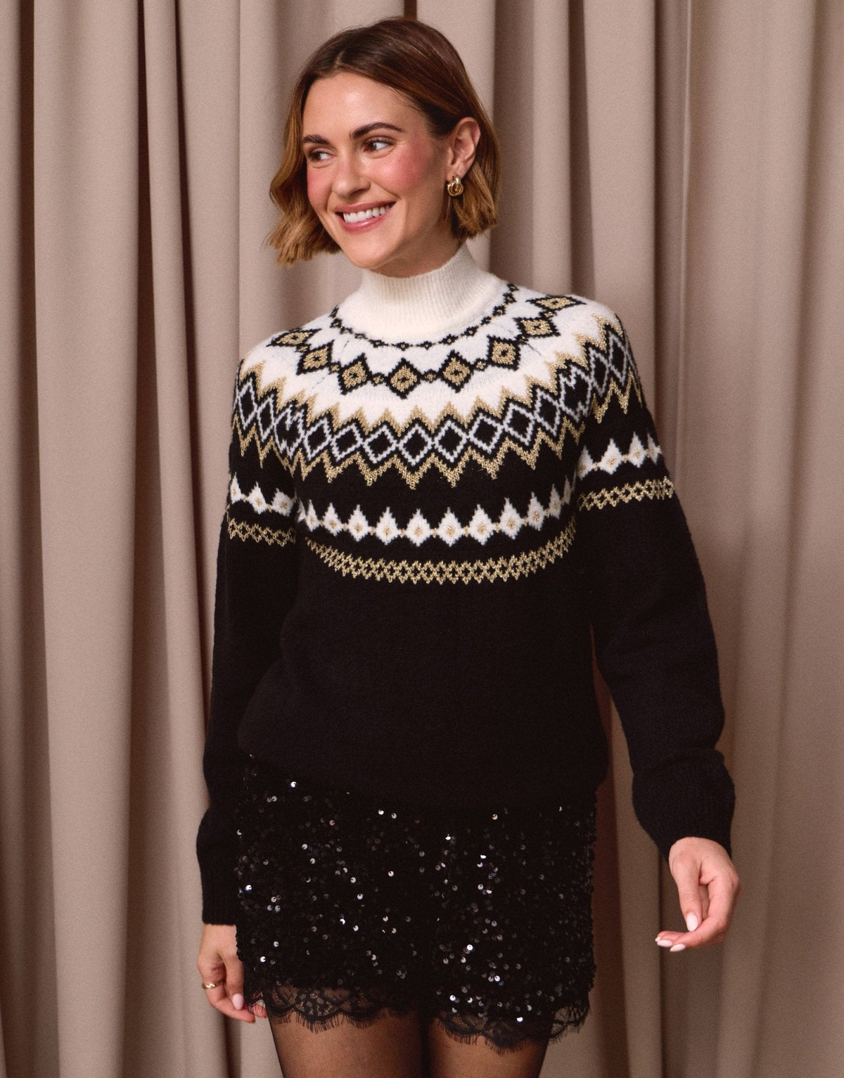Women's Christmas Jumper Fair Isle High Neck in Black