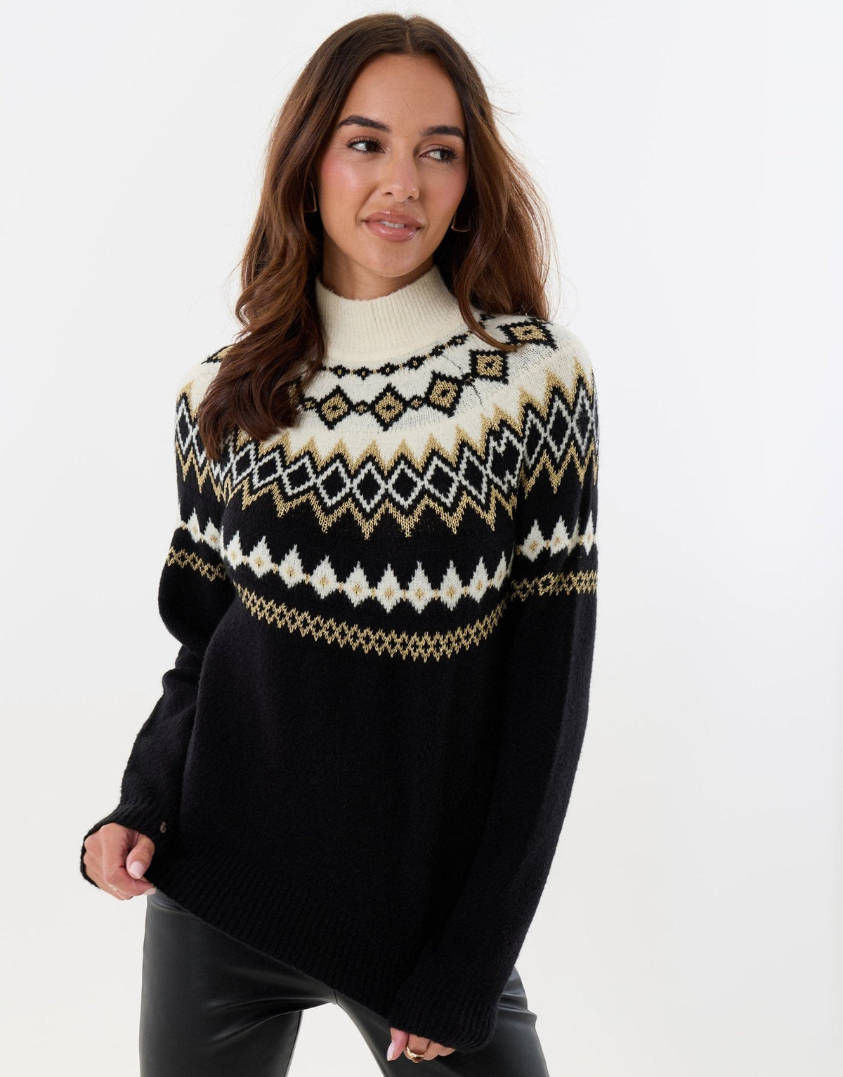 Women's Christmas Jumper Fair Isle High Neck in Black
