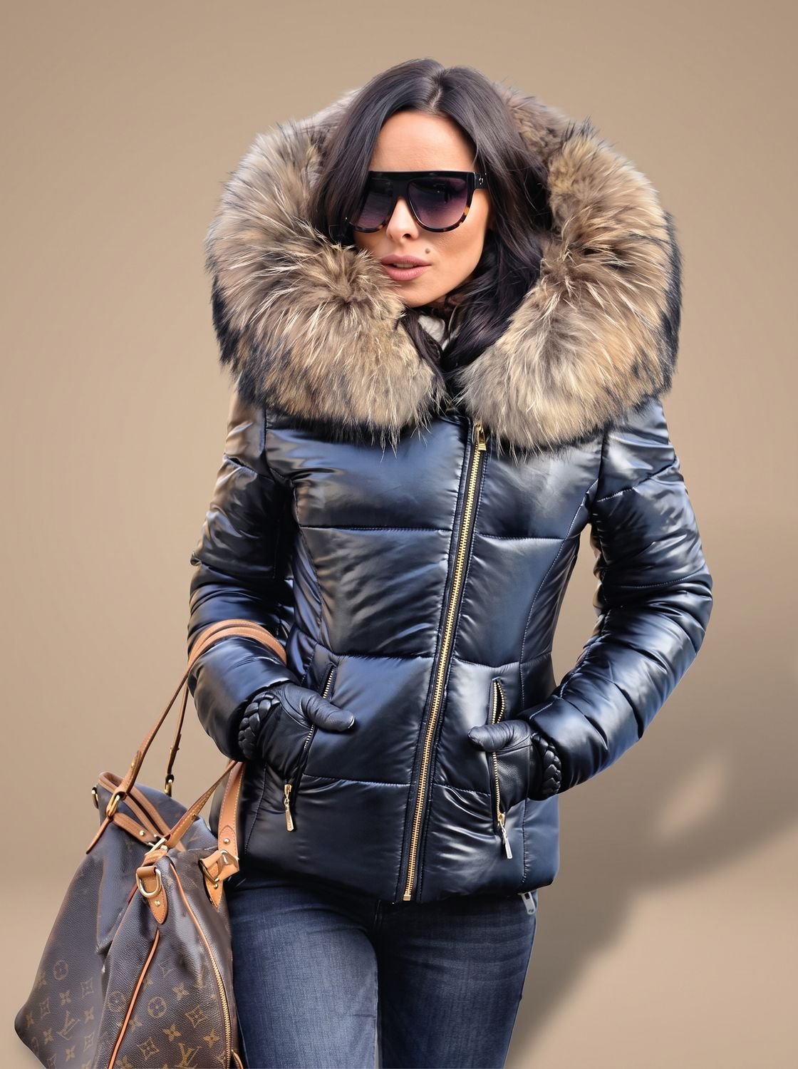 Women's Metallic Puffer Jacket with Faux Fur Trim Hood
