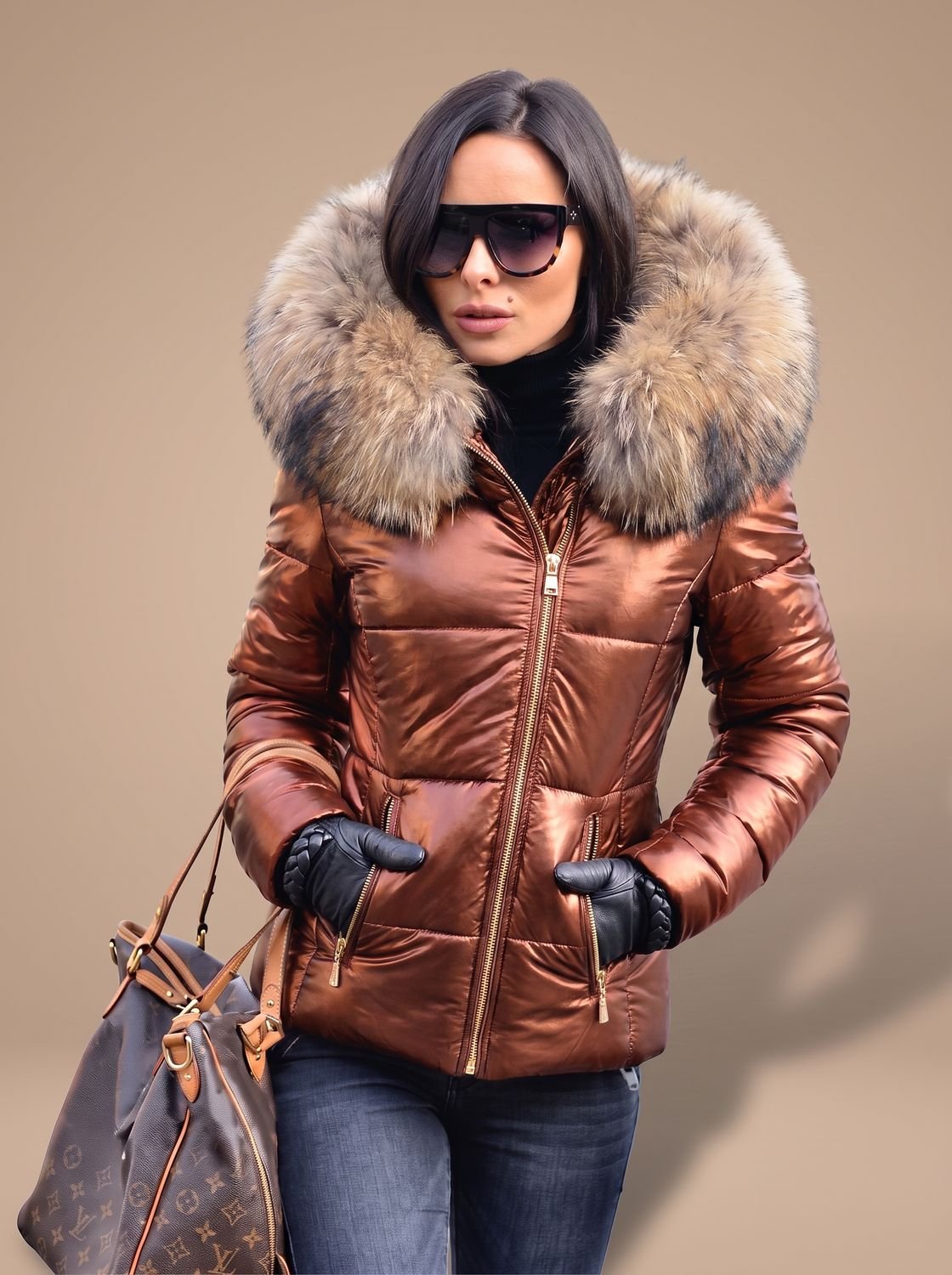 Women's Metallic Puffer Jacket with Faux Fur Trim Hood