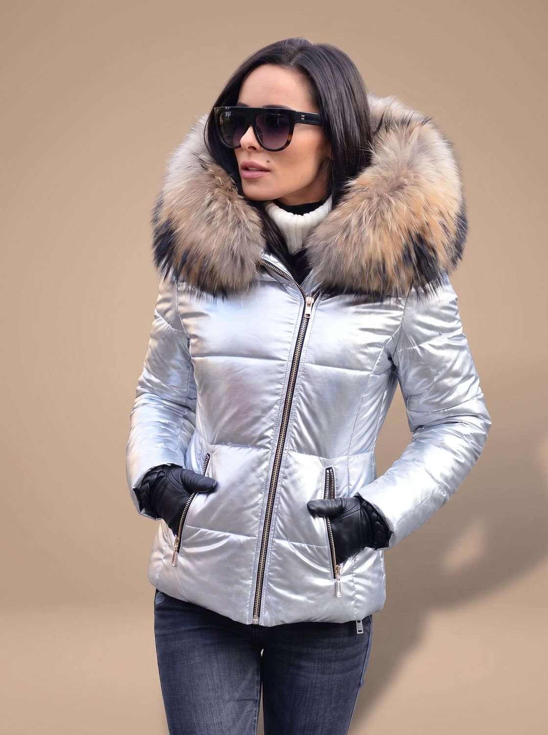 Women's Metallic Puffer Jacket with Faux Fur Trim Hood