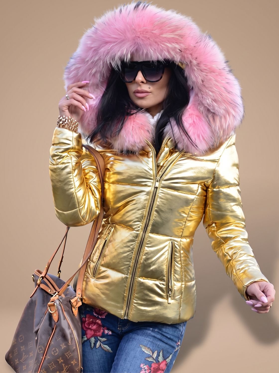 Women's Metallic Puffer Jacket with Faux Fur Trim Hood