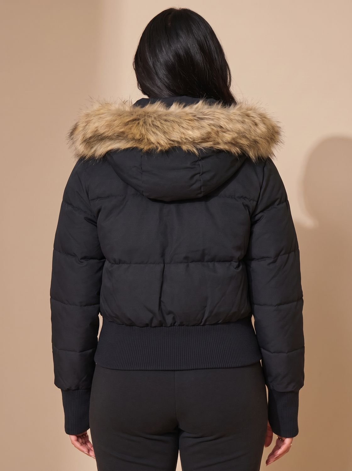 Women's Cropped Puffer Jacket with Faux Fur Hood
