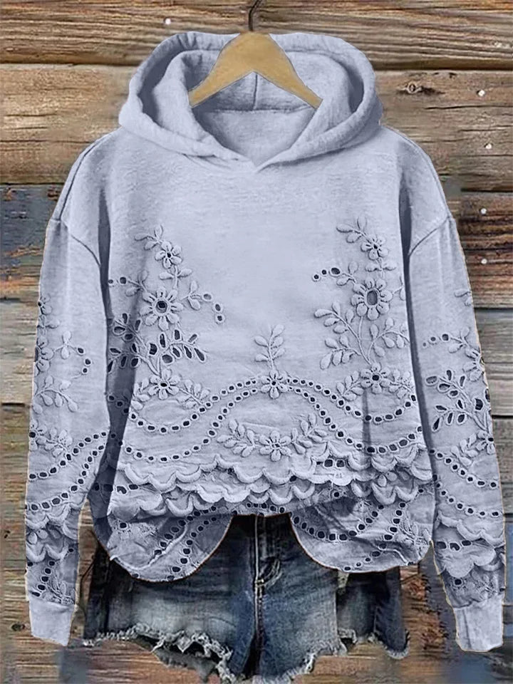Women's Floral Eyelet Scalloped Hem Pullover Hoodie