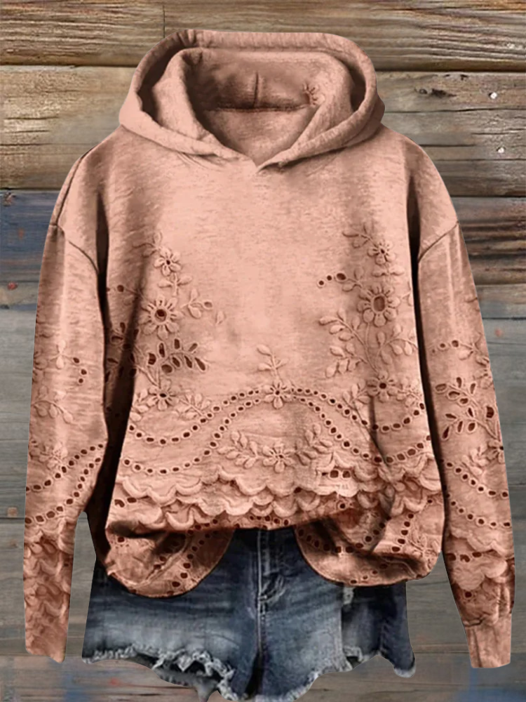 Women's Floral Eyelet Scalloped Hem Pullover Hoodie