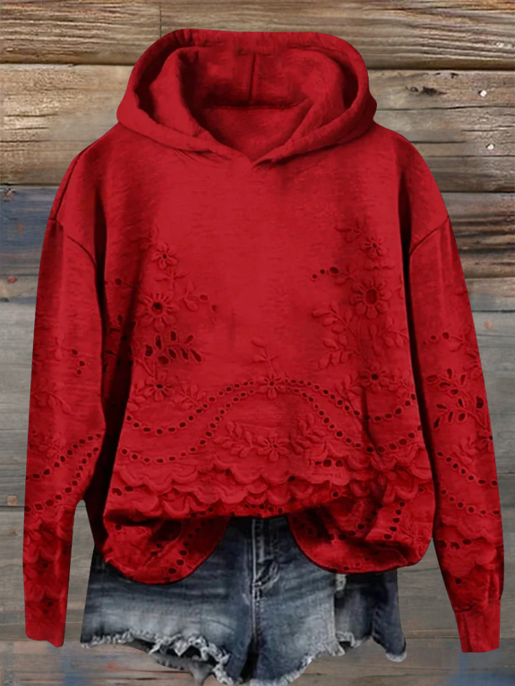 Women's Floral Eyelet Scalloped Hem Pullover Hoodie