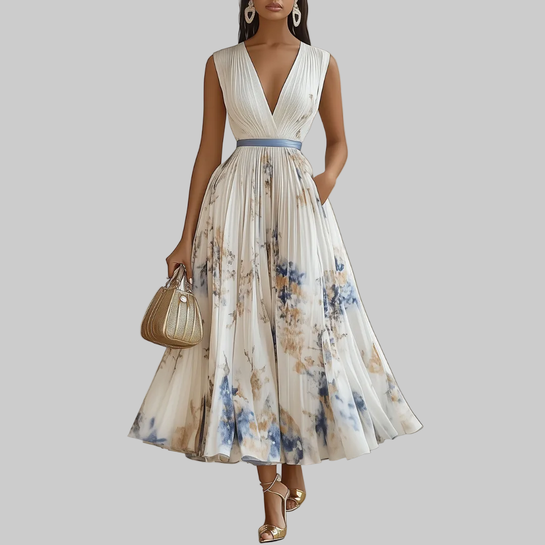 Women's Floral Print Pleated V-Neck Midi Dress