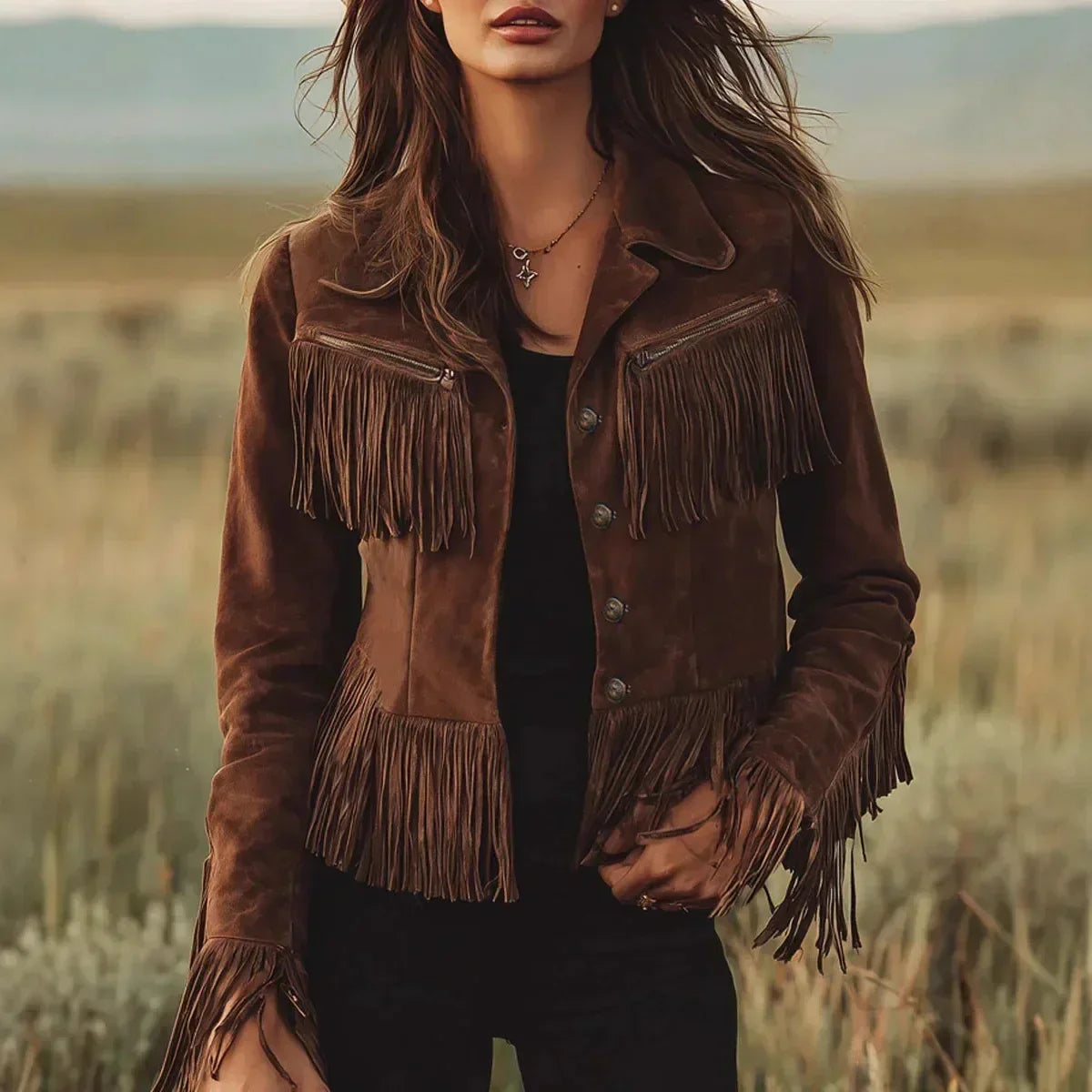 Women's Western Fringe Faux Suede Jacket in Dark Brown