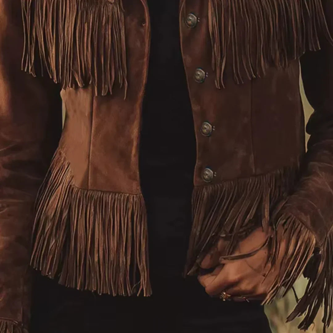 Women's Western Fringe Faux Suede Jacket in Dark Brown