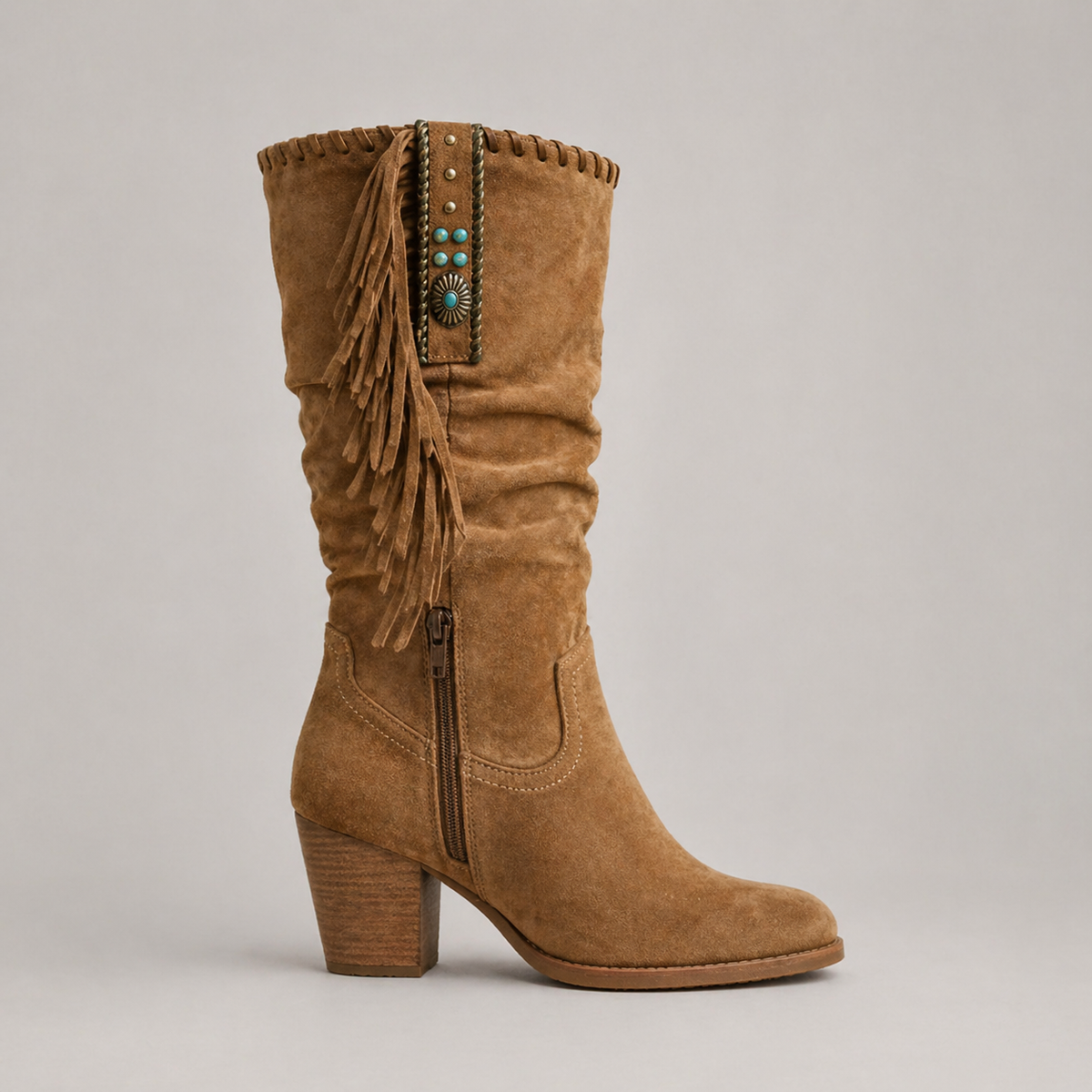 Women's Faux Suede Fringe Cowboy Boots with Block Heel