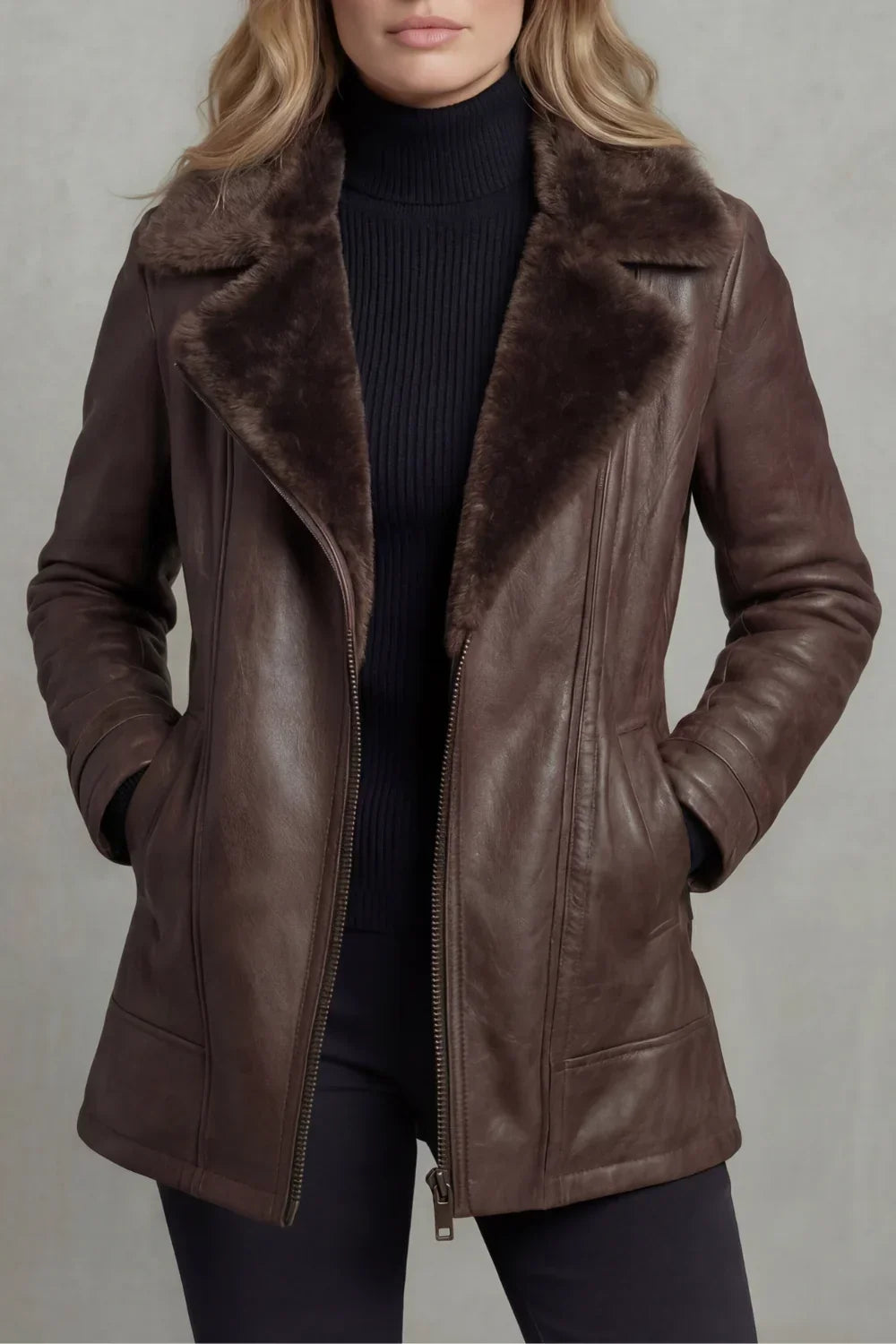 Women's Fur-Trim Collar Zip-Front Jacket in Brown