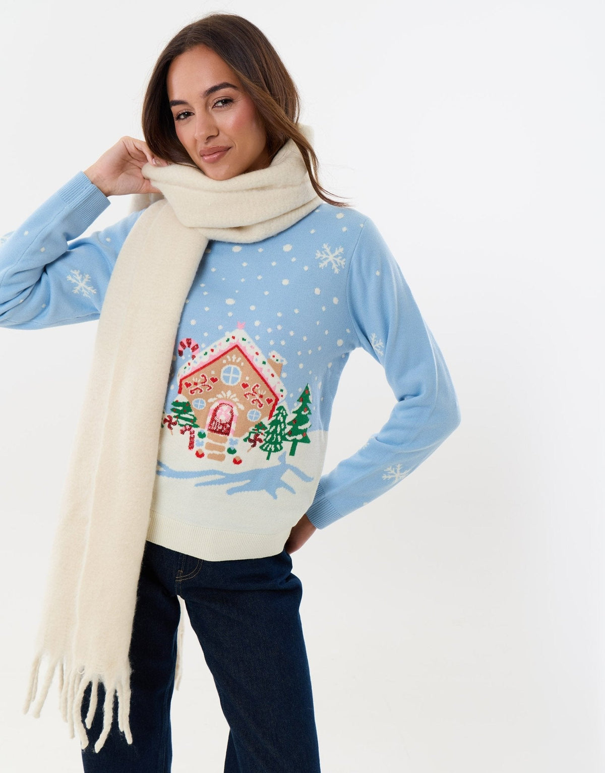 Women's Christmas Jumper Sequin Gingerbread House in Light Blue