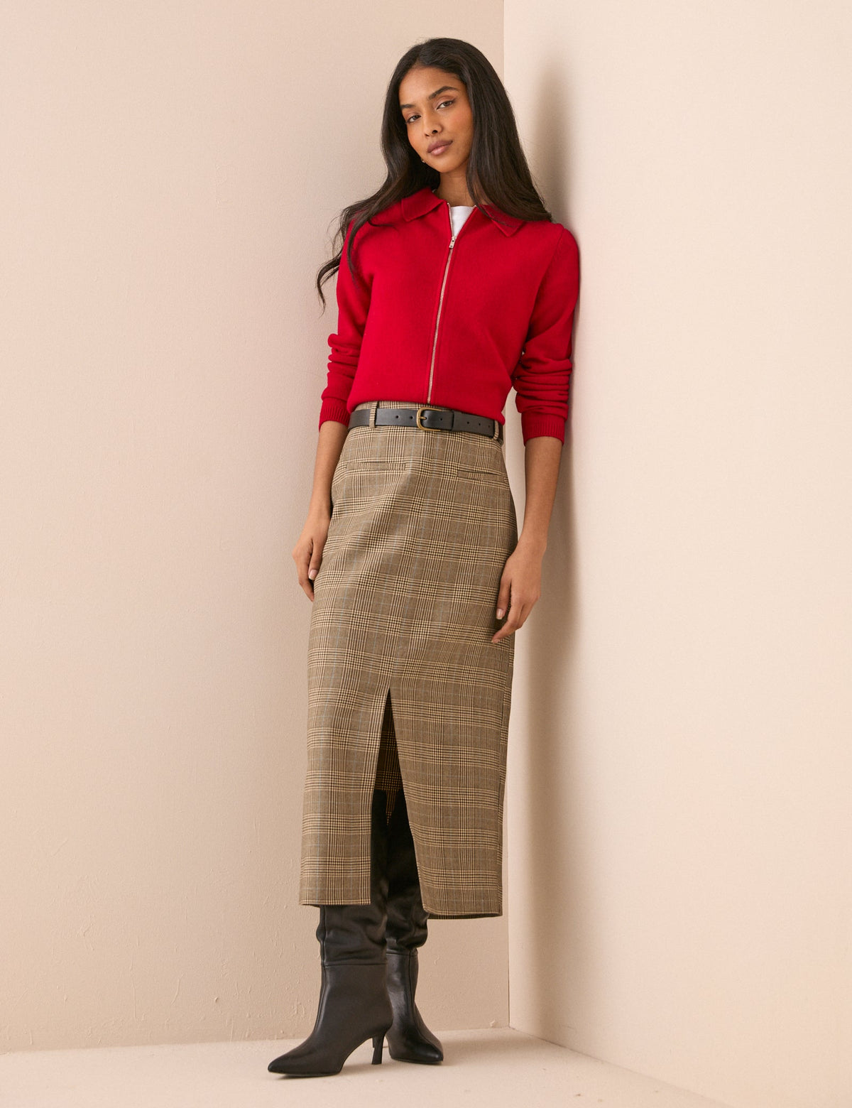 Women's Check High-Waisted Midi Pencil Skirt with Split