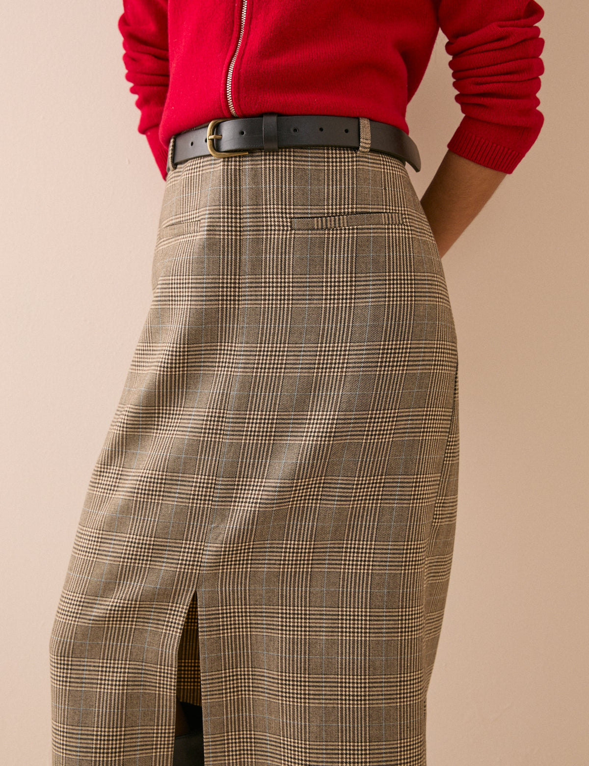 Women's Check High-Waisted Midi Pencil Skirt with Split