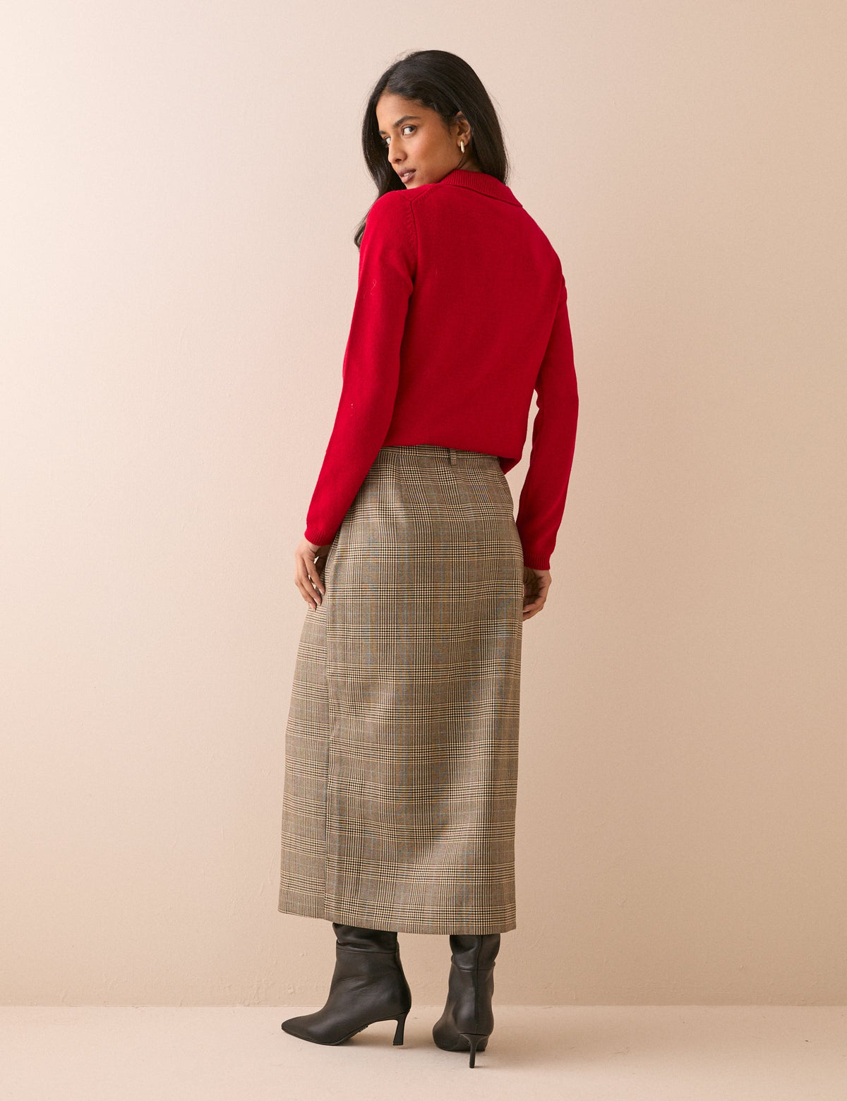 Women's Check High-Waisted Midi Pencil Skirt with Split