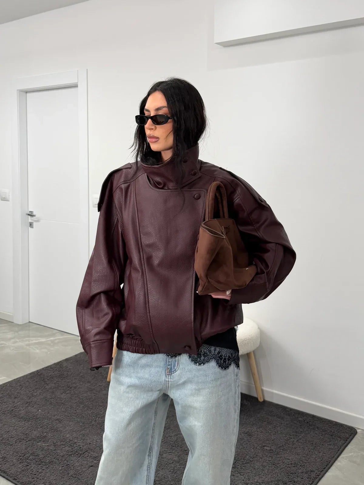 Women's High-Neck Faux Leather Asymmetric Zip Jacket