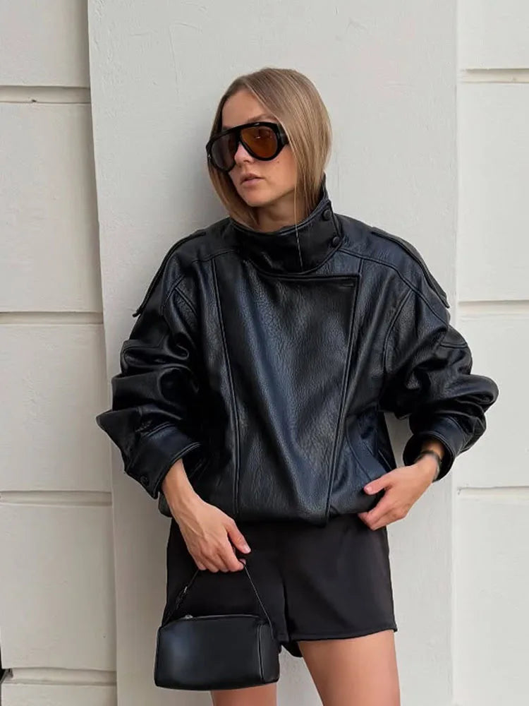 Women's High-Neck Faux Leather Asymmetric Zip Jacket