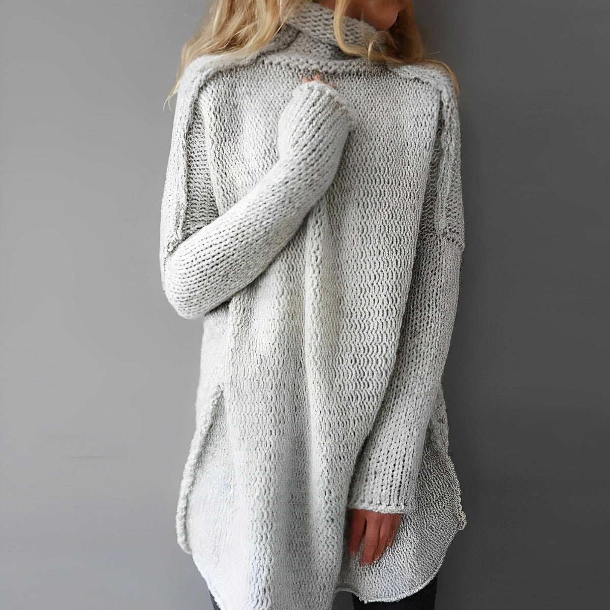 Women's Oversized Roll Neck Chunky Knit Tunic Jumper in Grey