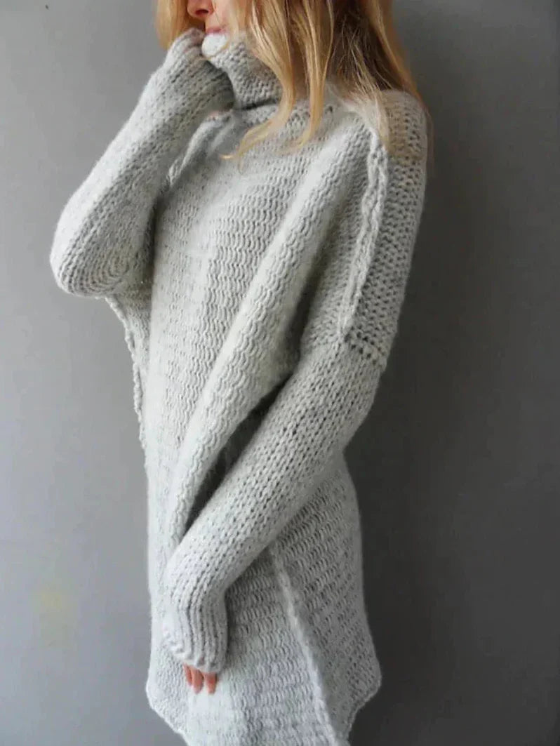 Women's Oversized Roll Neck Chunky Knit Tunic Jumper in Grey