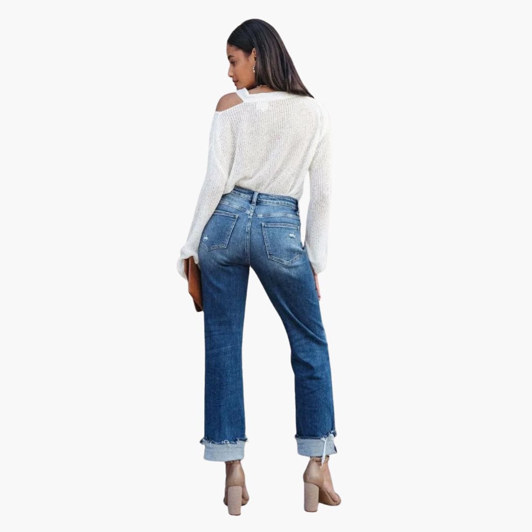 Women's Distressed High-Rise Cuffed Jeans in Blue