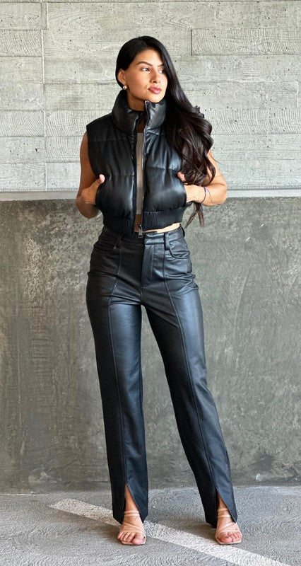 Women's Leather High-Waisted Split Hem Trousers in Black
